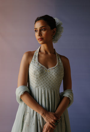 Ice Blue Halter neck Anarkali Set