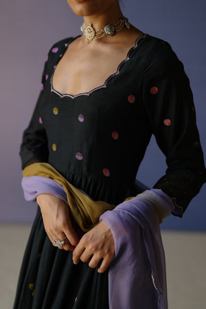 Black Polka Anarkali Set
