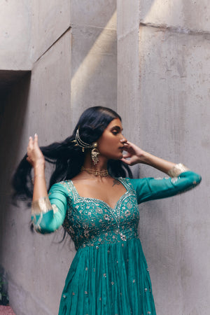 Bottle Green Chanderi Anarkali Set