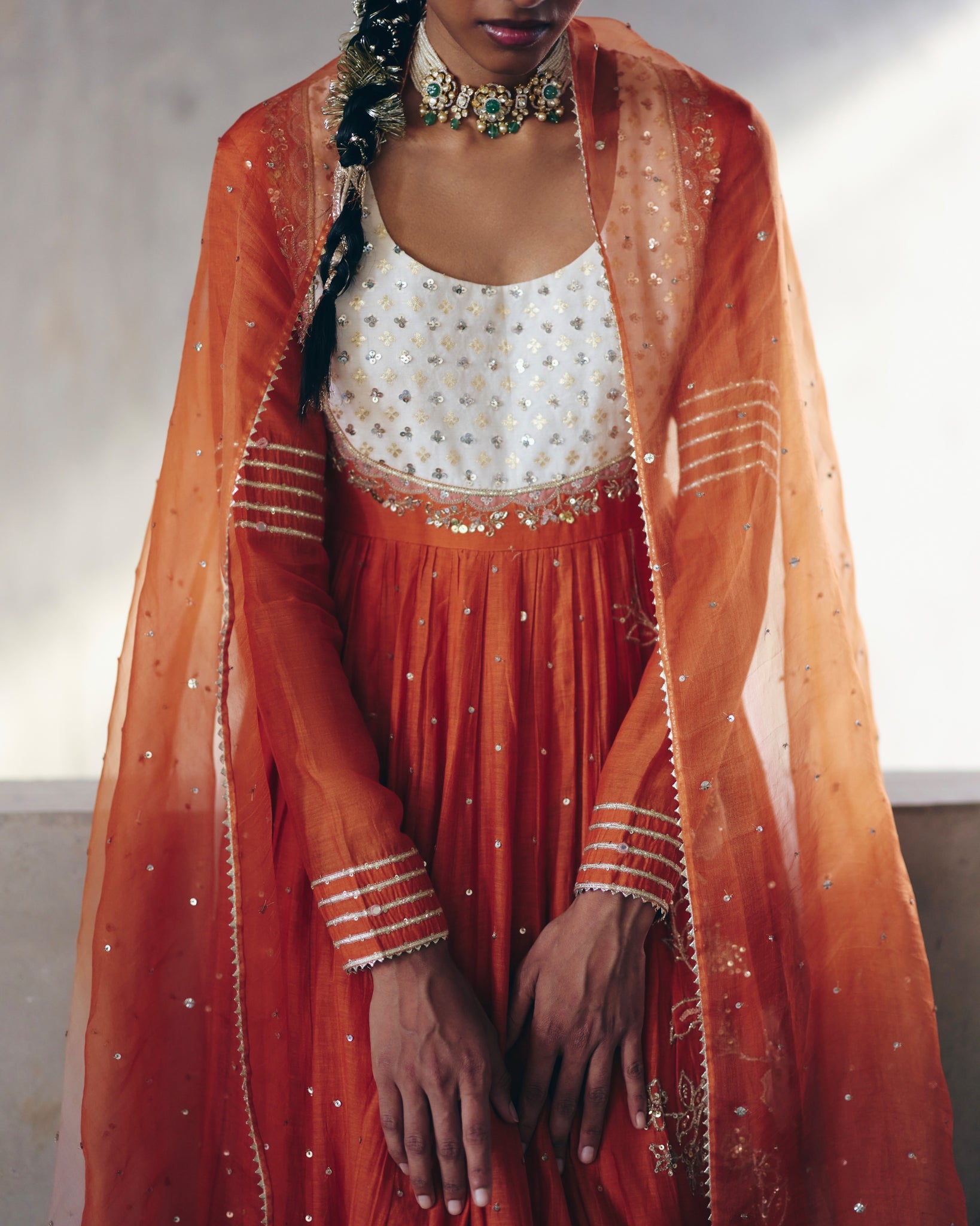 Burnt Orange Chanderi Anarkali Set