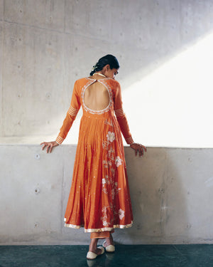 Burnt Orange Chanderi Anarkali Set