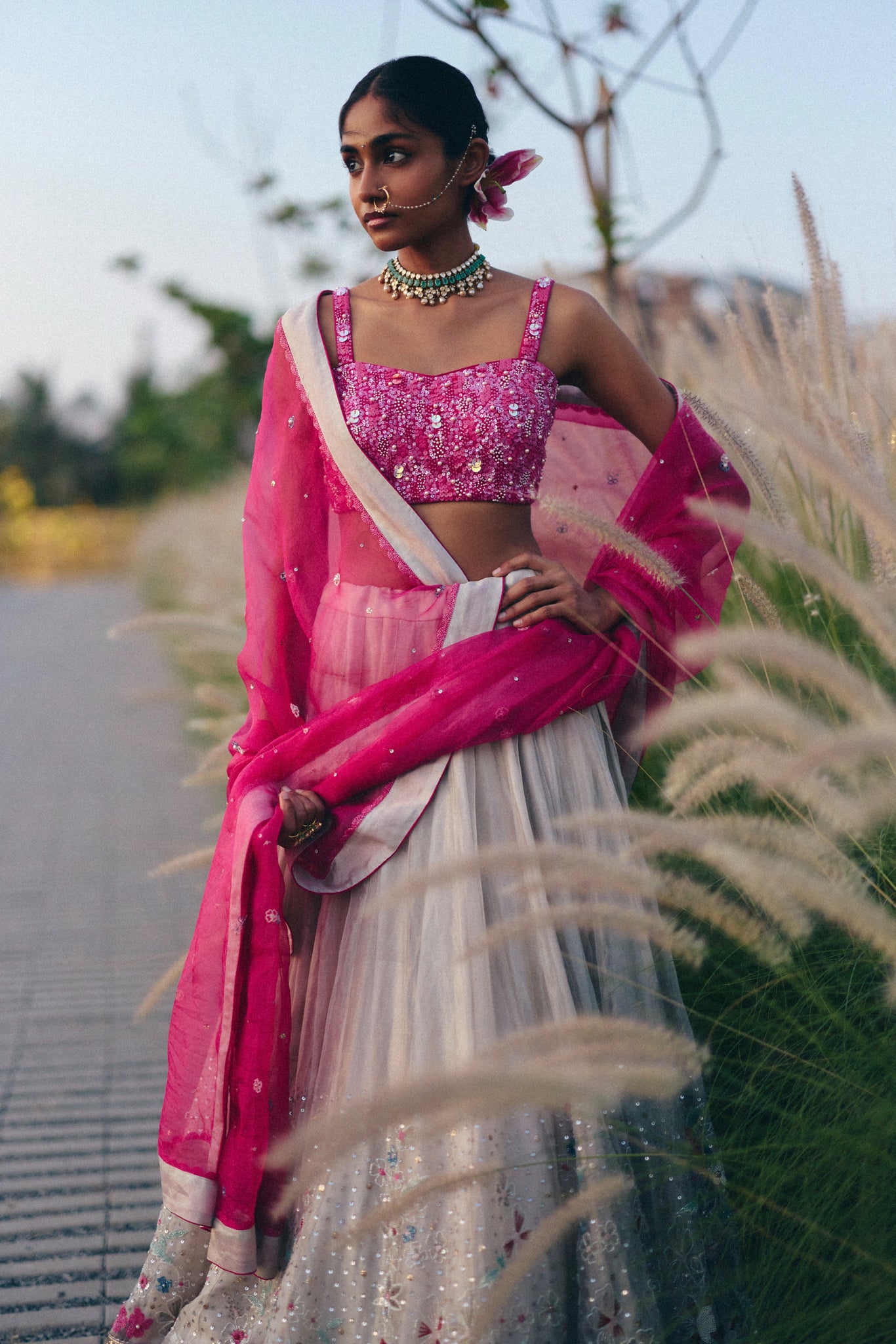 Rani Pink & Silver Lehenga Set