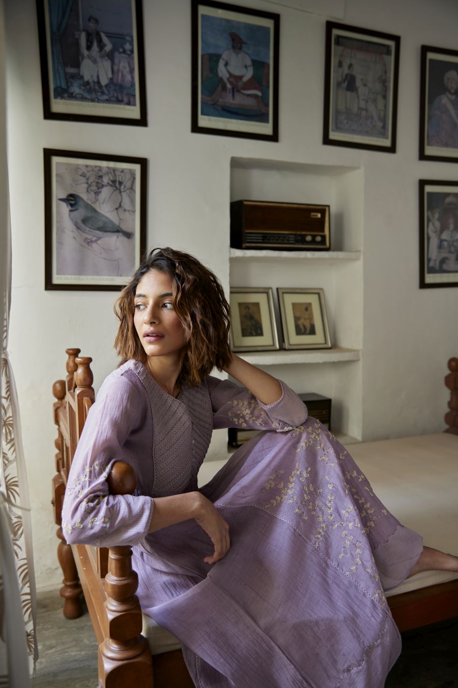Lilac Chanderi hand embroidered Yok Kurta Set