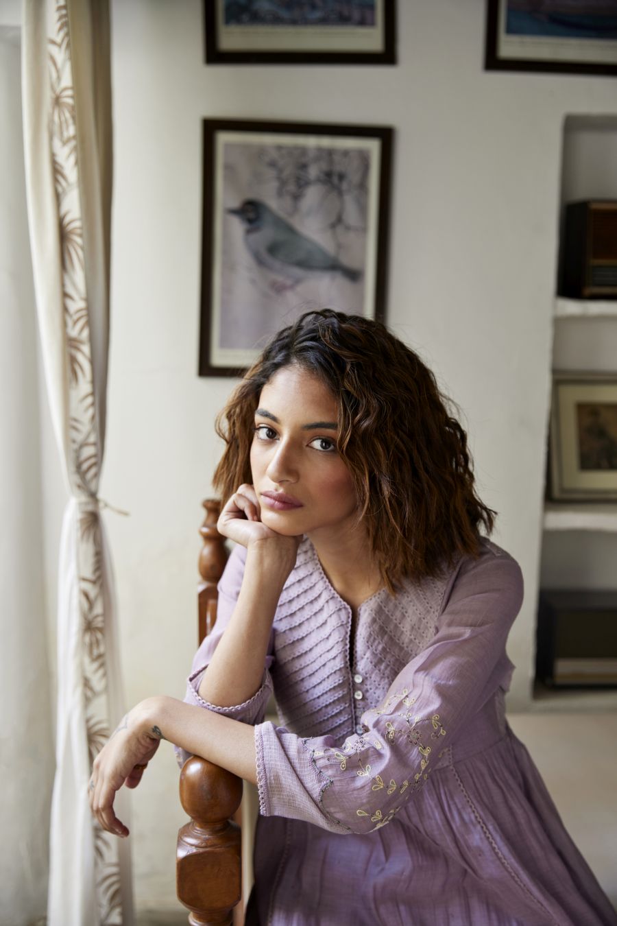 Lilac Chanderi hand embroidered Yok Kurta Set