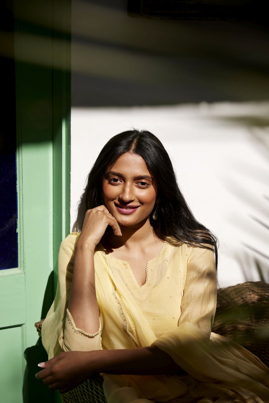 Lemon Yellow Kota & Chanderi Anarkali Set