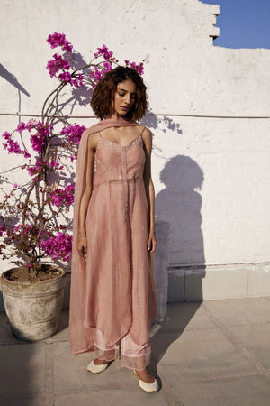 Muted Clay Chanderi & kota spgahetti kurta set