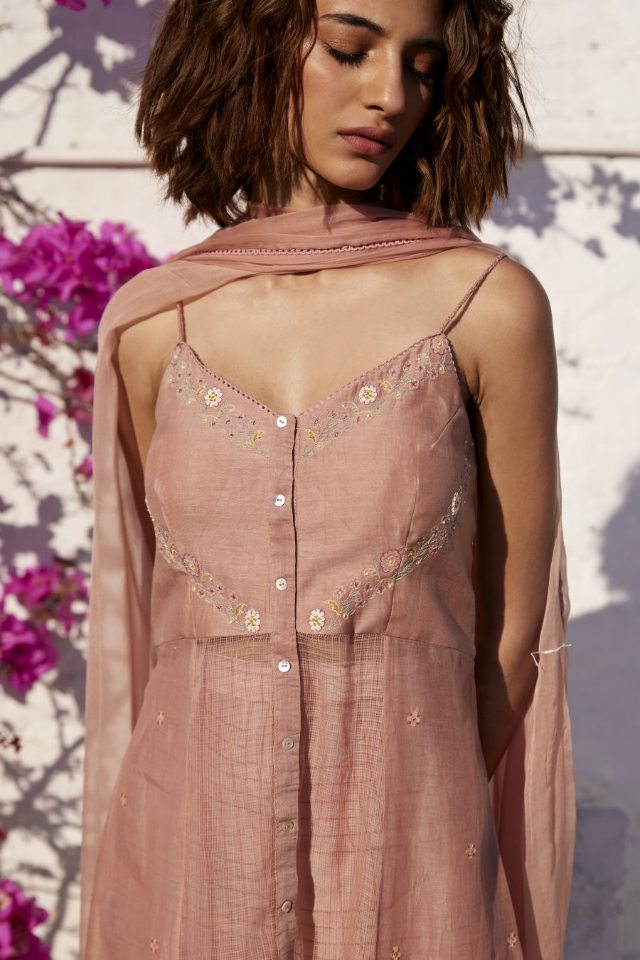 Muted Clay Chanderi & kota spgahetti kurta set