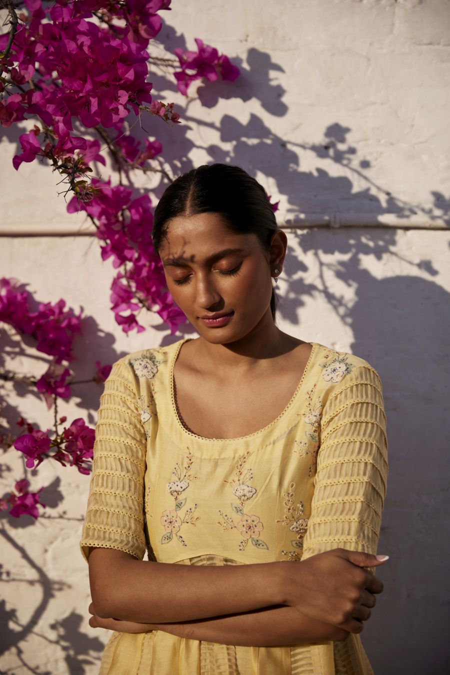 Lemon Yellow Chanderi & organza striped silk anarkali set