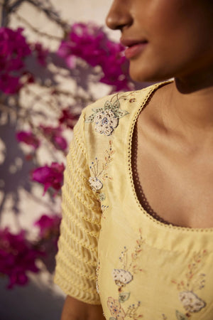 Lemon Yellow Chanderi & organza striped silk anarkali set