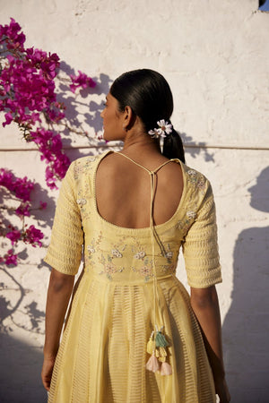 Lemon Yellow Chanderi & organza striped silk anarkali set