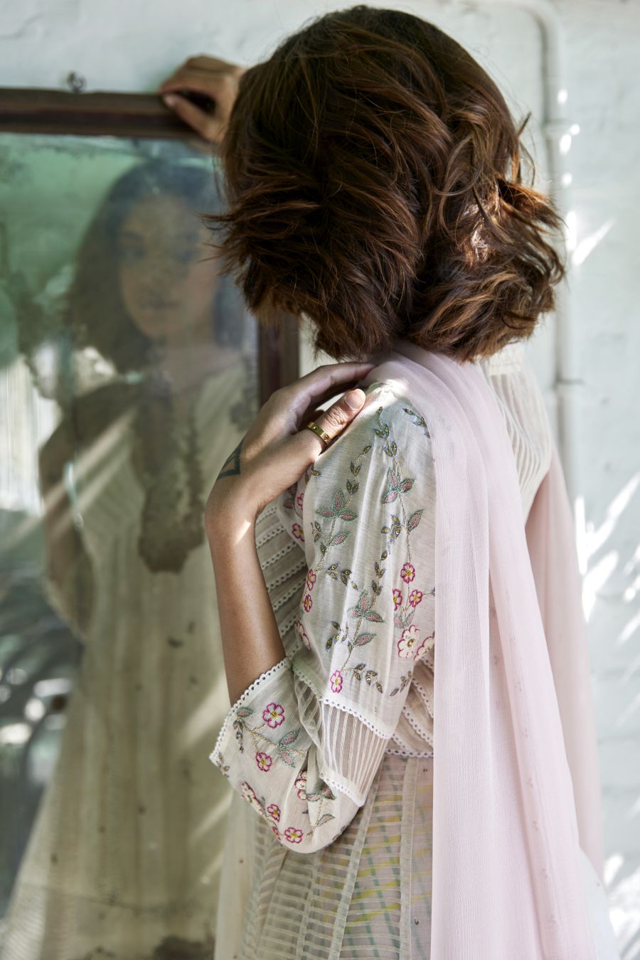 White Chanderi & Organza Silk Striped Anarkali Set