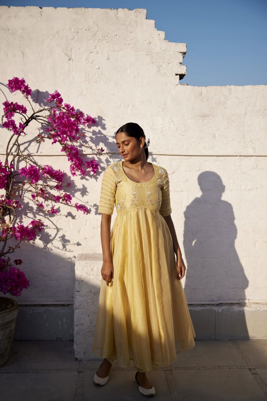 Lemon Yellow Chanderi & organza striped silk anarkali set