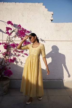 Lemon Yellow Chanderi & organza striped silk anarkali set