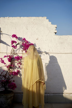 Lemon Yellow Chanderi & organza striped silk anarkali set