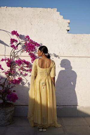 Lemon Yellow Chanderi & organza striped silk anarkali set