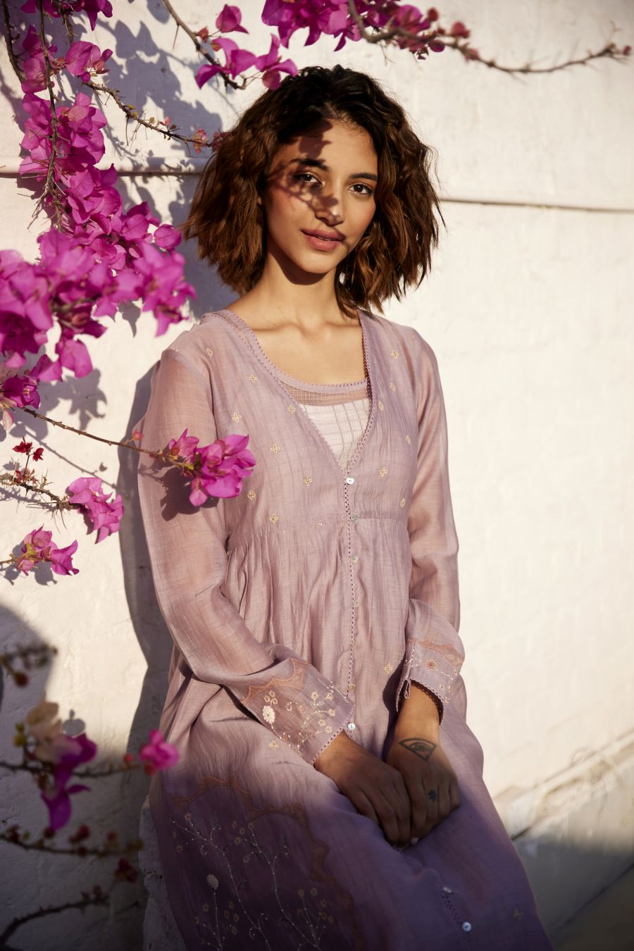 Lilac chanderi overlay dress set.