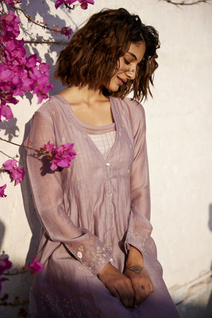 Lilac chanderi overlay dress set.