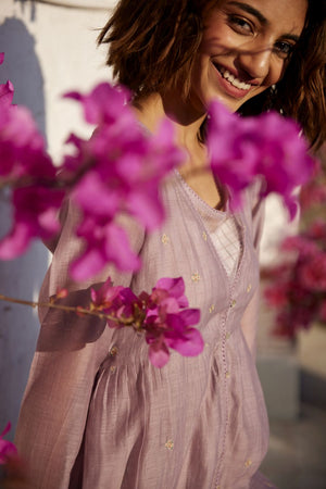Lilac chanderi overlay dress set.