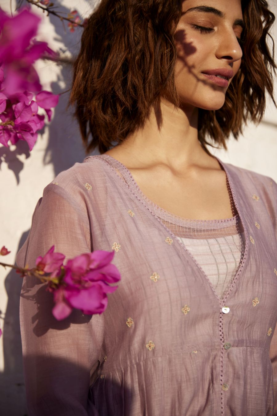 Lilac chanderi overlay dress set.