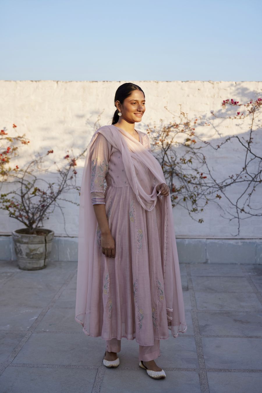 Lotus Pink Chanderi & striped organza silk angarkha set