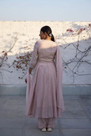 Lotus Pink Chanderi & striped organza silk angarkha set