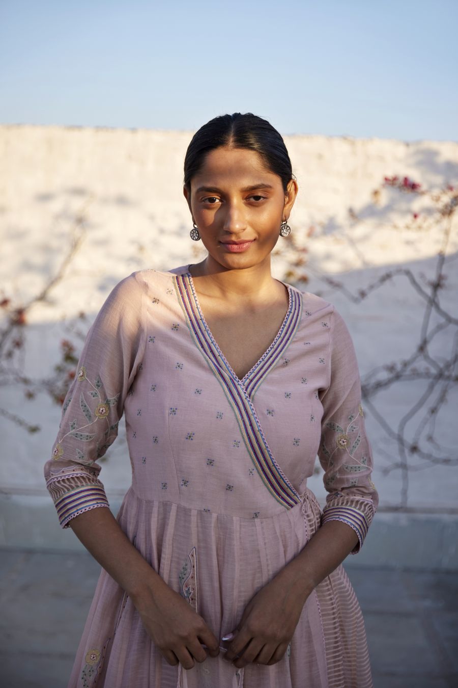 Lotus Pink Chanderi & striped organza silk angarkha set