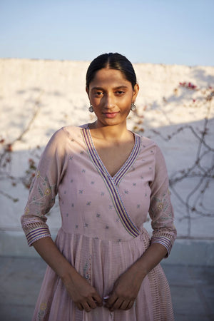Lotus Pink Chanderi & striped organza silk angarkha set