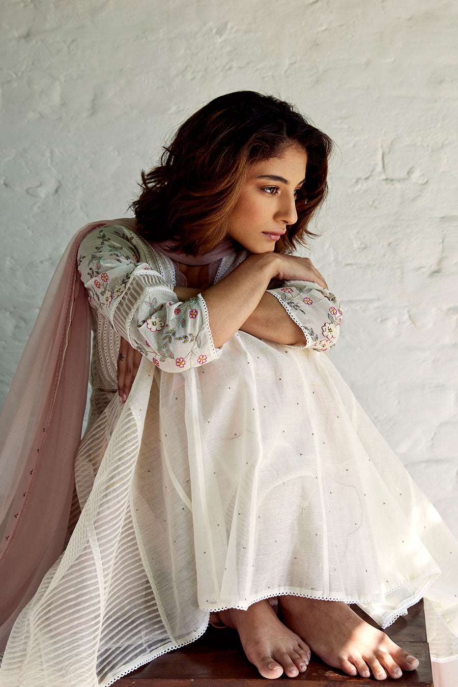 White Chanderi & Organza Silk Striped Anarkali Set