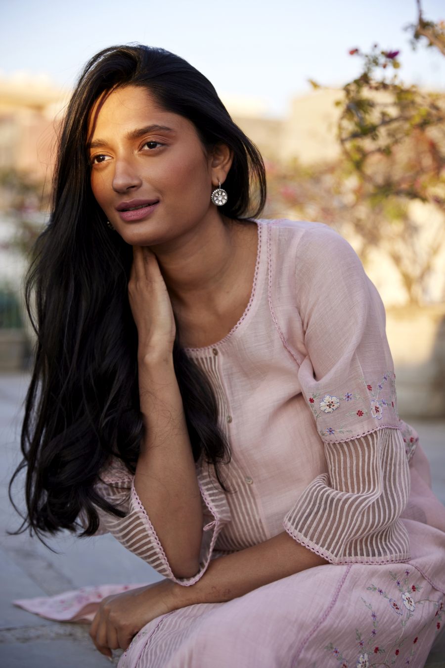 Lotus Pink Chanderi & Striped Organza Silk Kurta Set