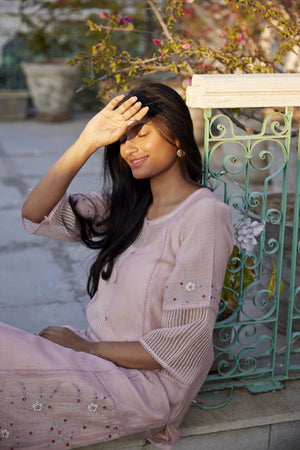 Lotus Pink Chanderi & Striped Organza Silk Kurta Set