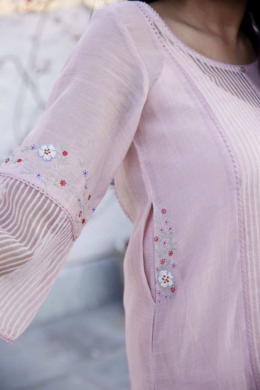 Lotus Pink Chanderi & Striped Organza Silk Kurta Set