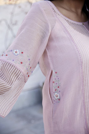 Lotus Pink Chanderi & Striped Organza Silk Kurta Set