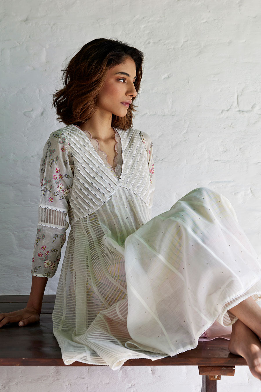 White Chanderi & Organza Silk Striped Anarkali Set