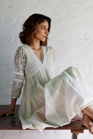 White Chanderi & Organza Silk Striped Anarkali Set