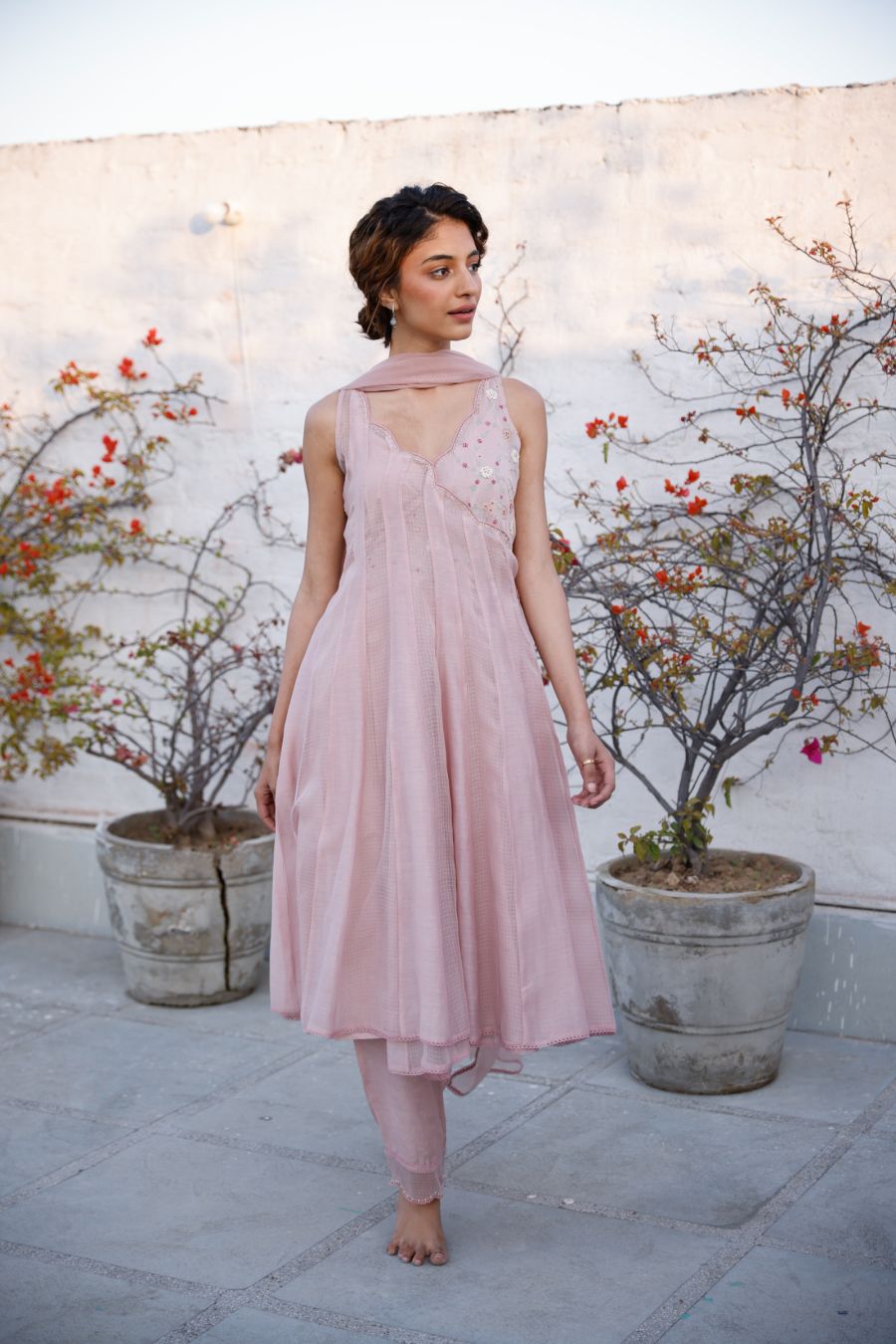 Lotus Pink overlap chanderi & kota angarkha set