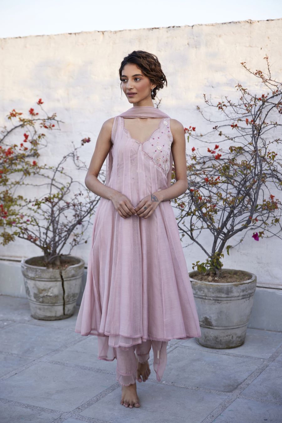 Lotus Pink overlap chanderi & kota angarkha set