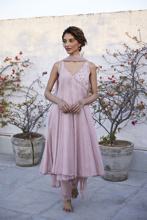 Lotus Pink overlap chanderi & kota angarkha set