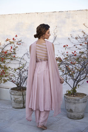 Lotus Pink overlap chanderi & kota angarkha set