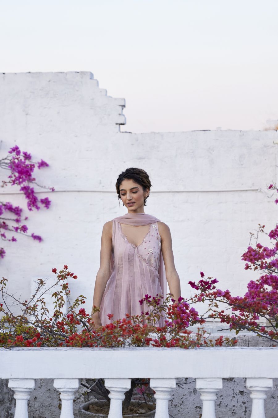 Lotus Pink overlap chanderi & kota angarkha set