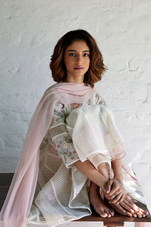 White Chanderi & Organza Silk Striped Anarkali Set