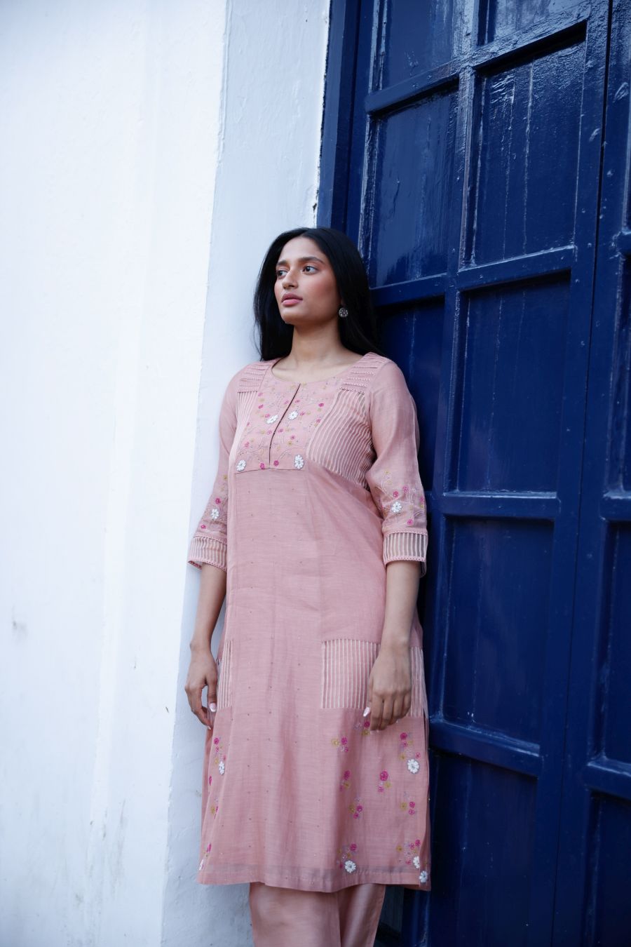 Muted Clay Chanderi & silk striped organza hand embroidered yok kurta set