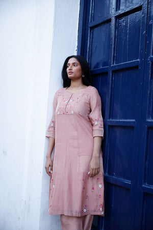 Muted Clay Chanderi & silk striped organza hand embroidered yok kurta set