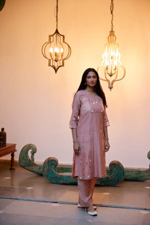 Muted Clay Chanderi & silk striped organza hand embroidered yok kurta set