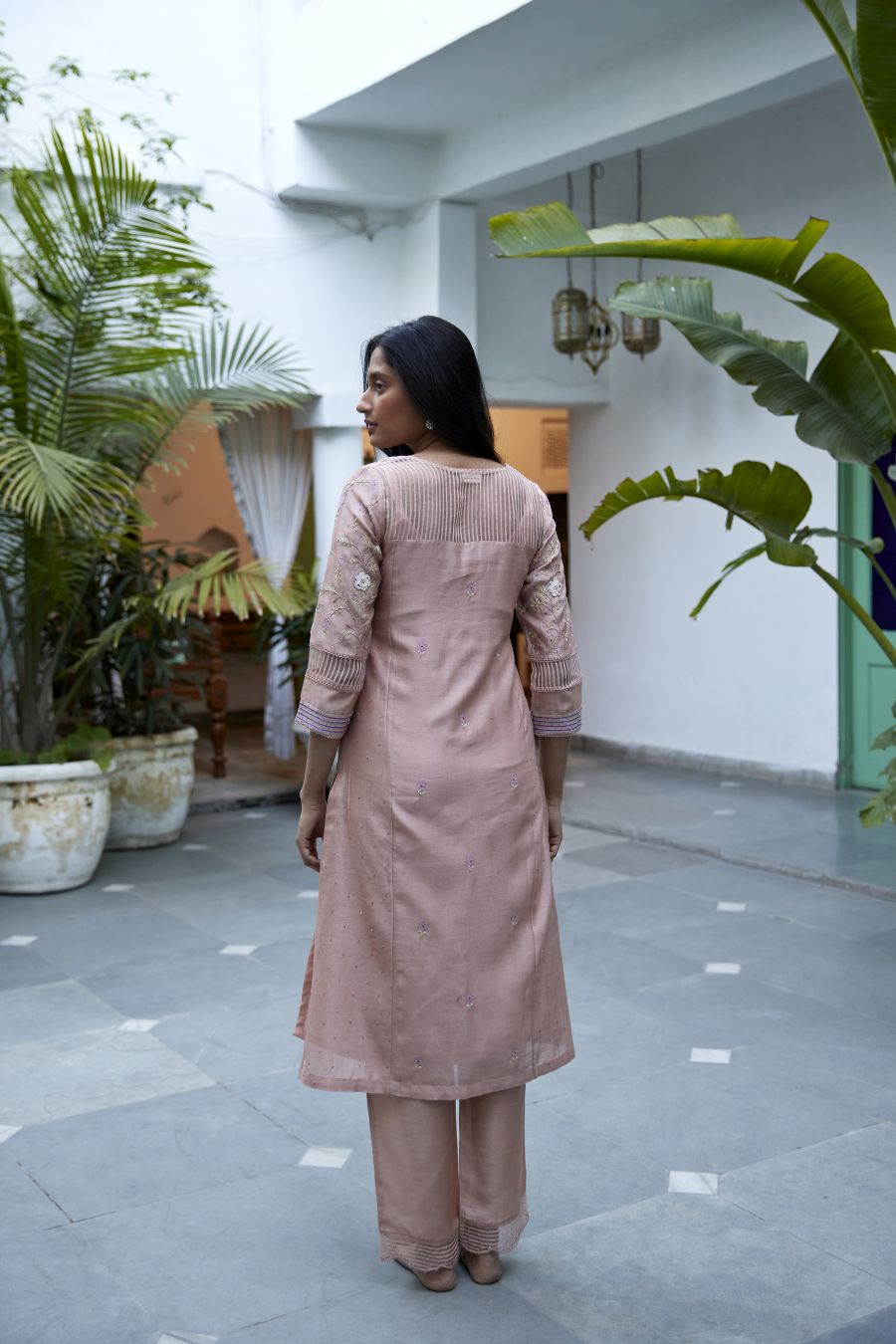 Muted Clay Chanderi & silk striped organza Kurta Set