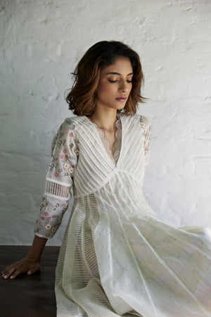 White Chanderi & Organza Silk Striped Anarkali Set