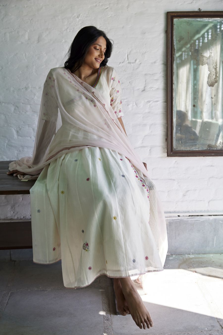 White Chanderi & Organza Silk Striped Angarkha Set