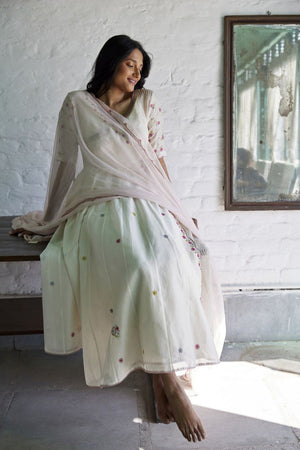 White Chanderi & Organza Silk Striped Angarkha Set
