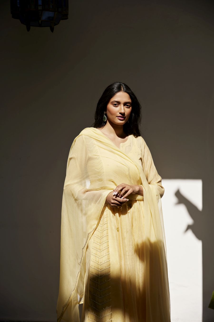 Lemon Yellow Kota & Chanderi Anarkali Set