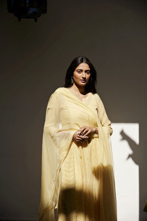 Lemon Yellow Kota & Chanderi Anarkali Set