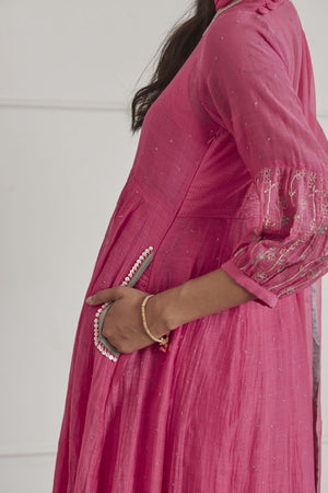 Fuschia Pink Puff Sleeves Anarkali Set
